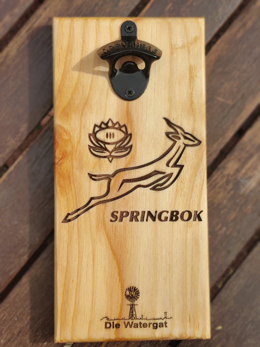 Springbok wall type bottle opener , solid reclaimed wood , metal opener with magnet , bottle top catcher