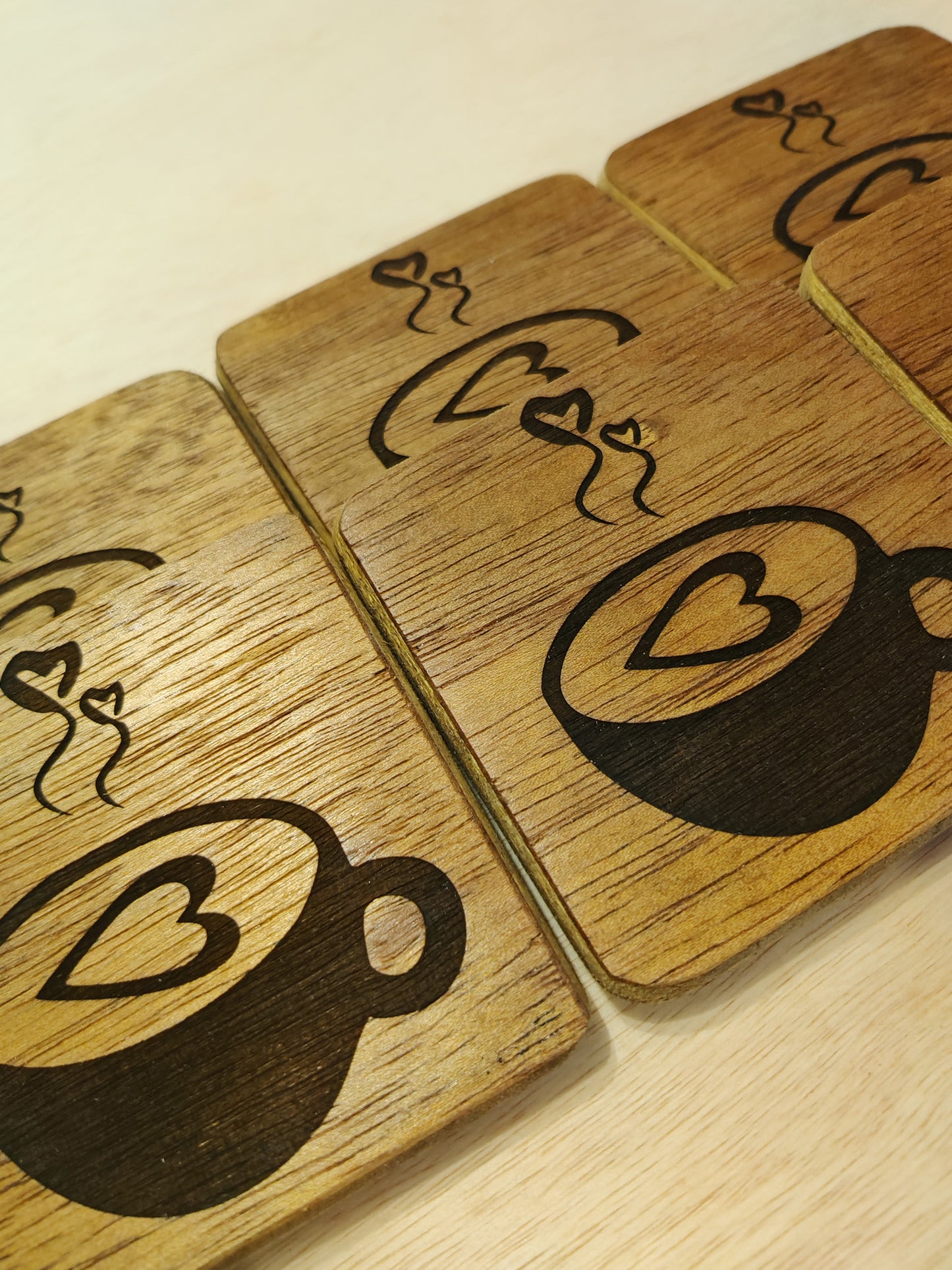 Wooden Coffee Coasters " 2 Hearts" , laser engraved (set of 4)