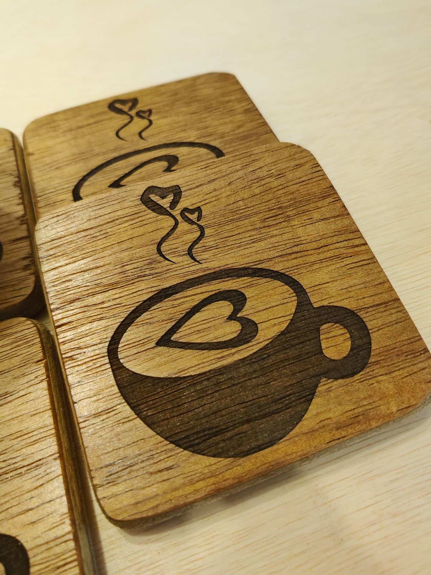 Wooden Coffee Coasters " 2 Hearts" , laser engraved (set of 4)