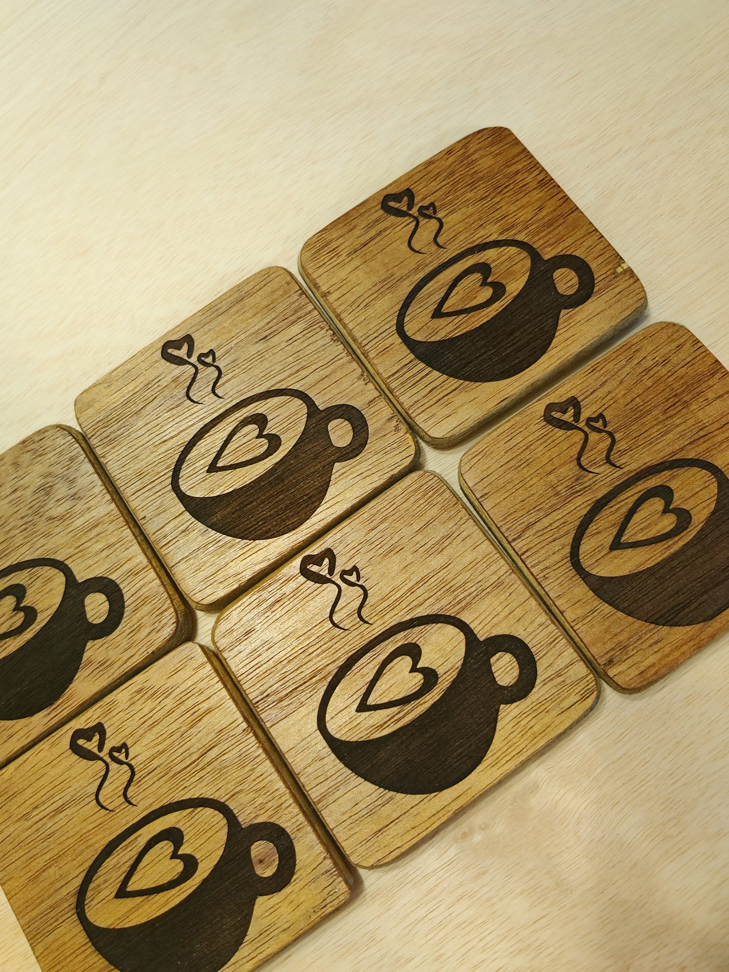 Wooden Coffee Coasters " 2 Hearts" , laser engraved (set of 4)