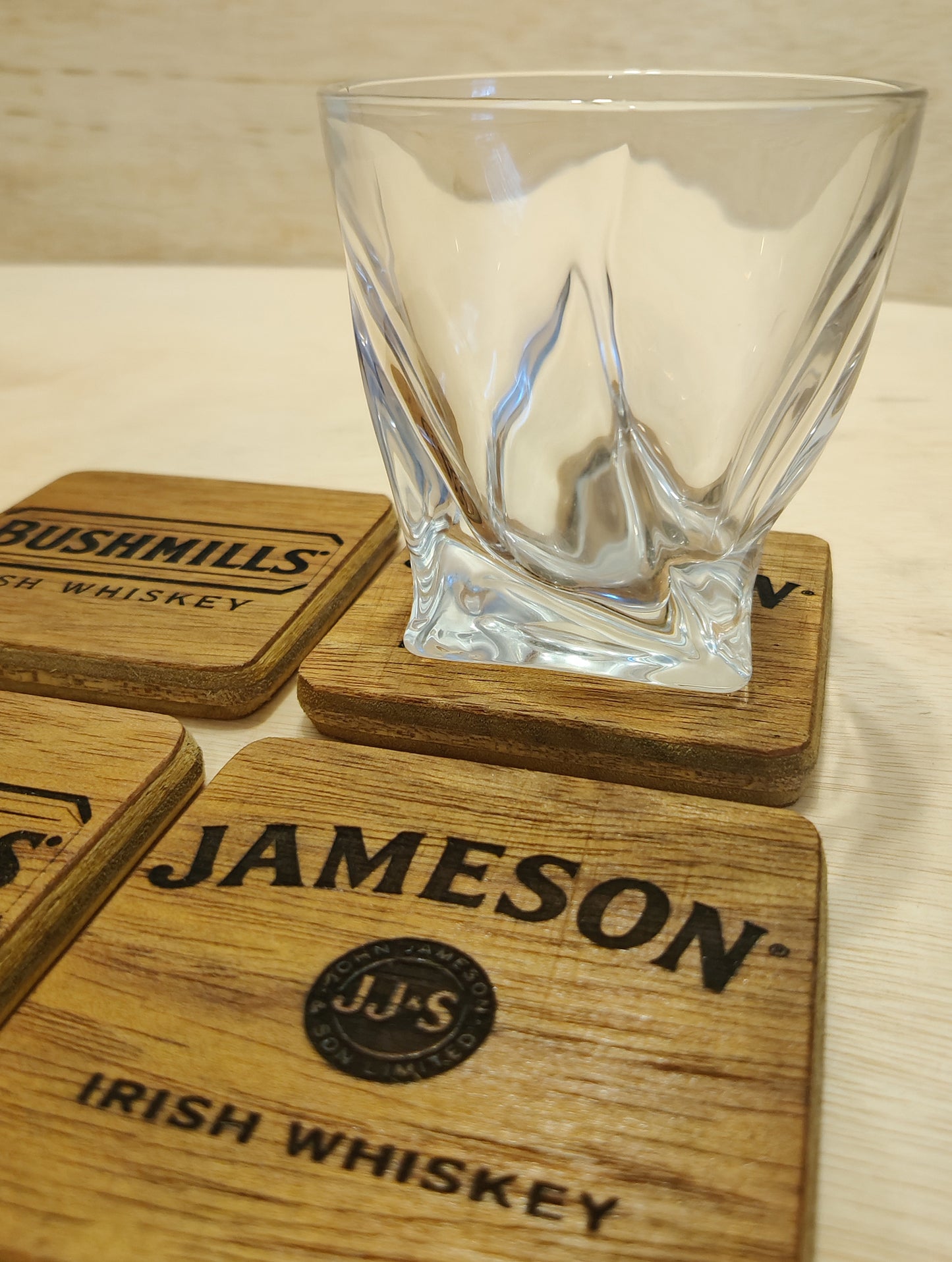 Wooden Irish Whiskey Coasters . Laser engraved ( set of 4 )