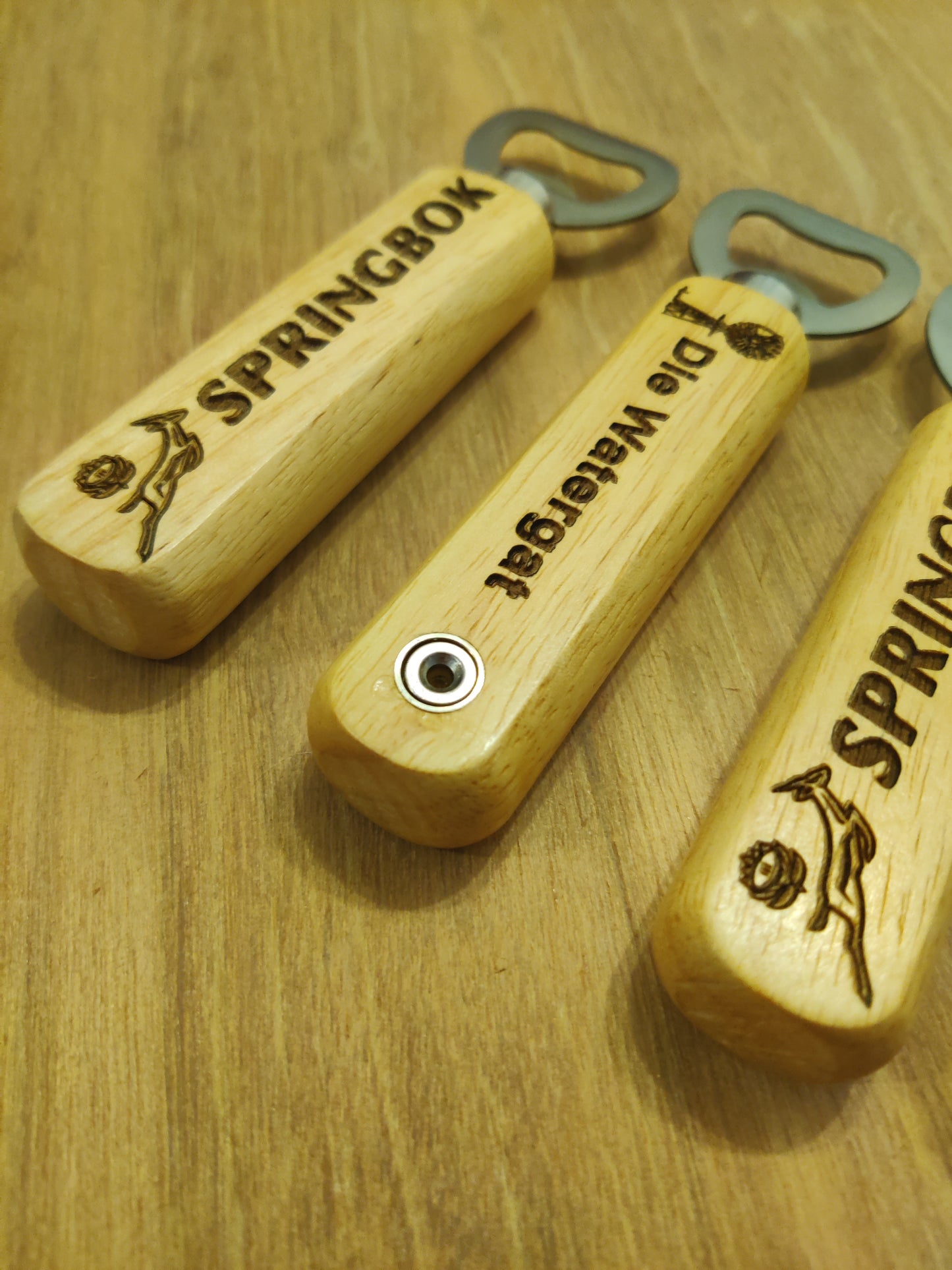 Wooden Classic Bottle Opener: Springbok Logo with Handy Magnet in Handle