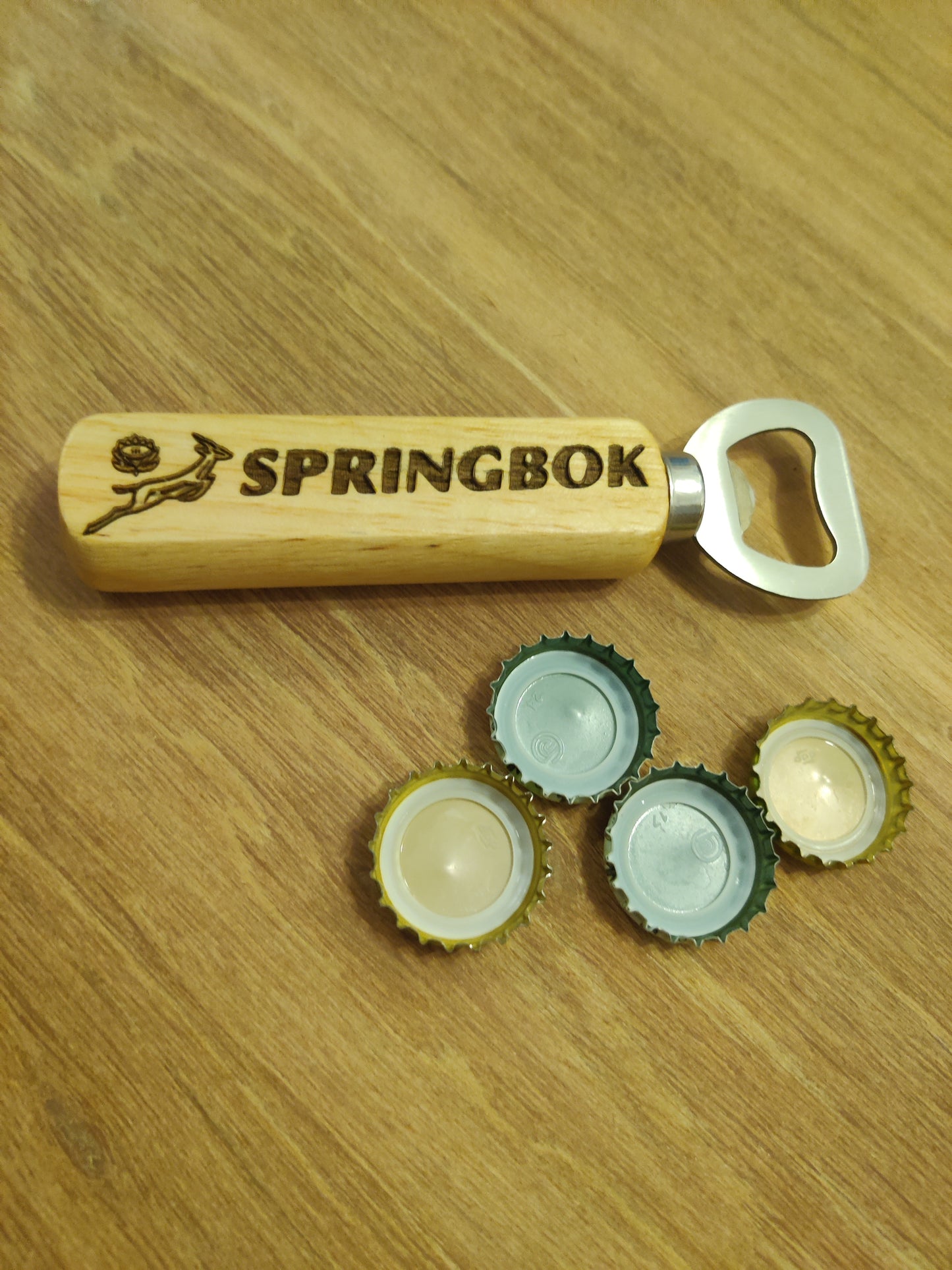 Wooden Classic Bottle Opener: Springbok Logo with Handy Magnet in Handle