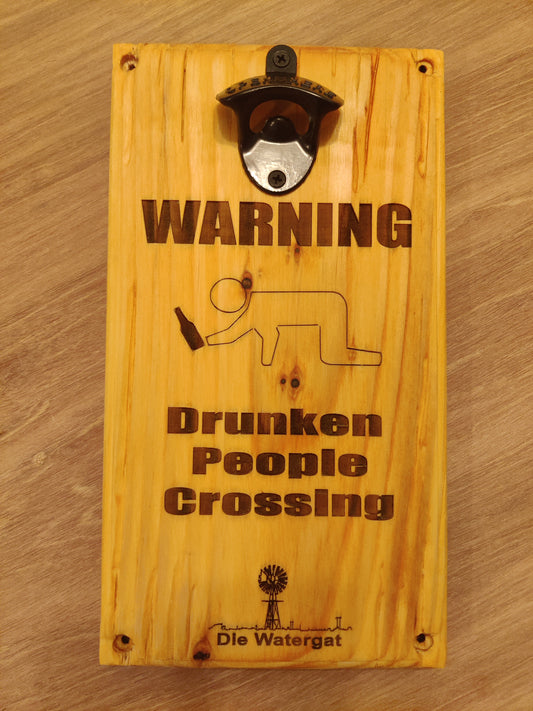 wood wall mount beer bottle opener , drunken people crossing , with magnet  bottle cacher