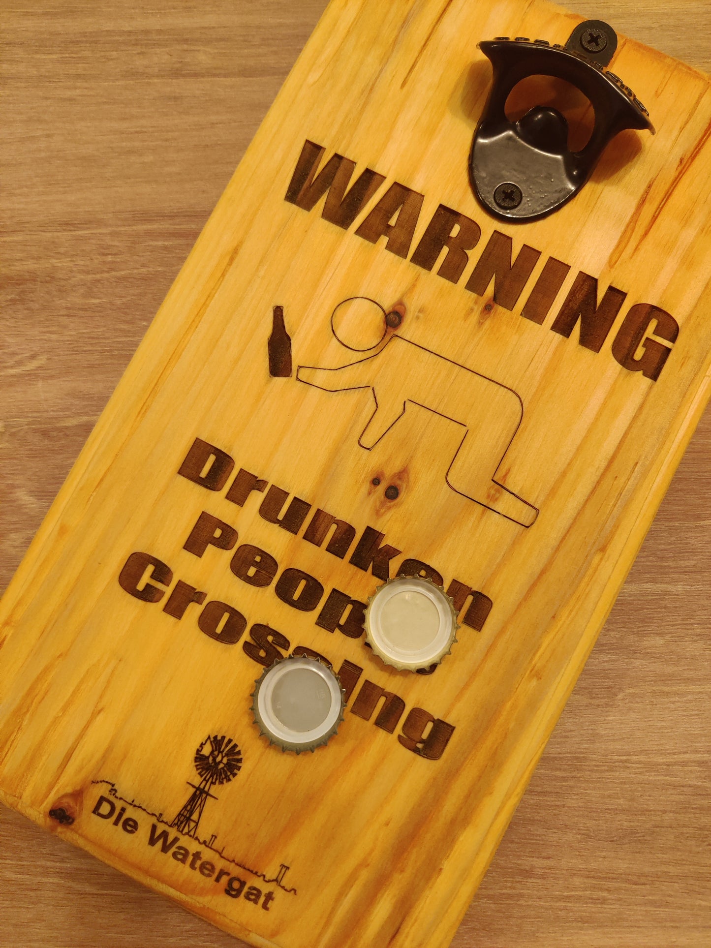 Wall-Mounted Bottle Opener with Magnetic Cap Catcher and Amusing Drunken People Crossing Sign