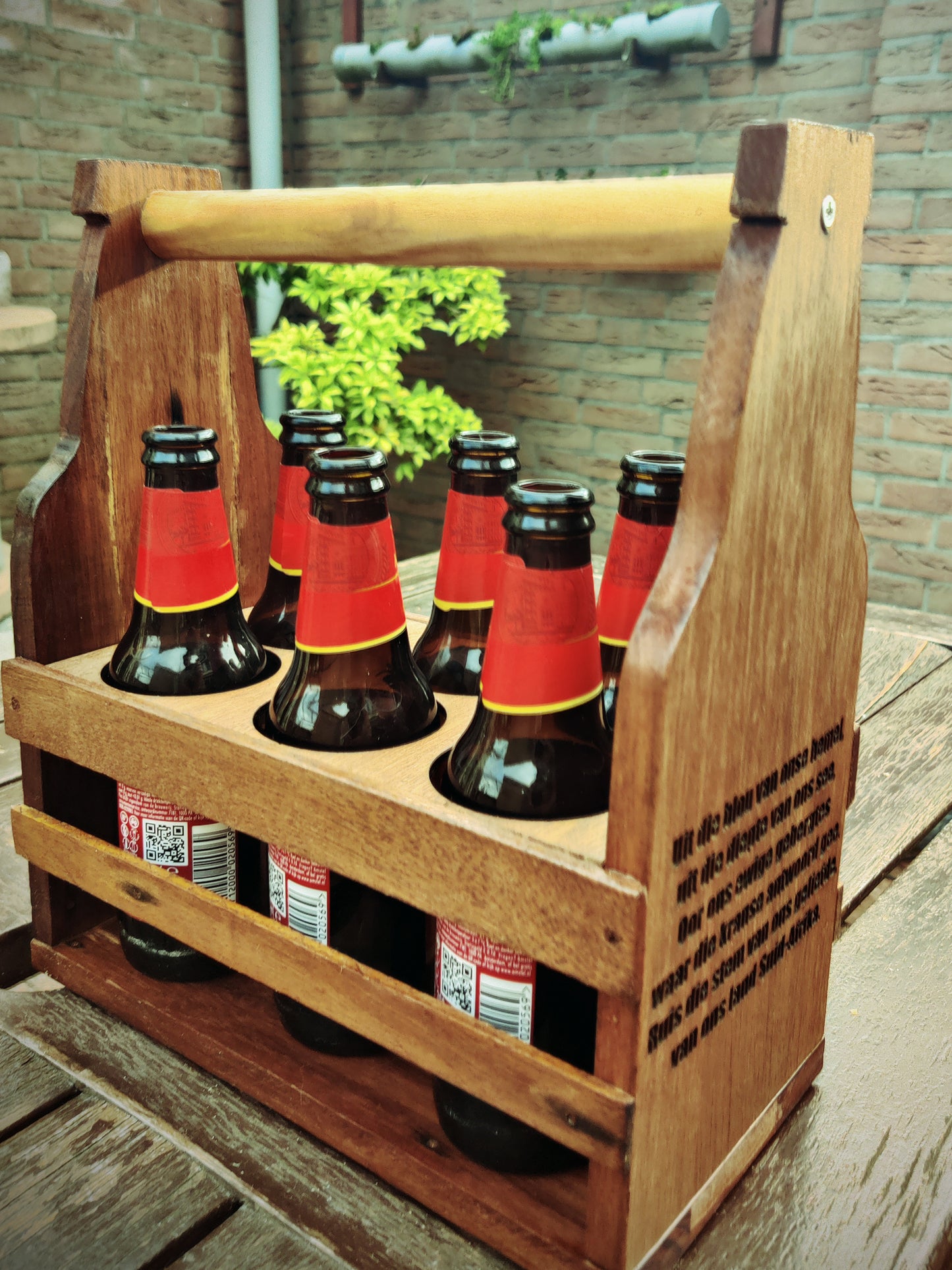 Solid wood beer caddy , repurposed wood , Springbok logo and die Stem