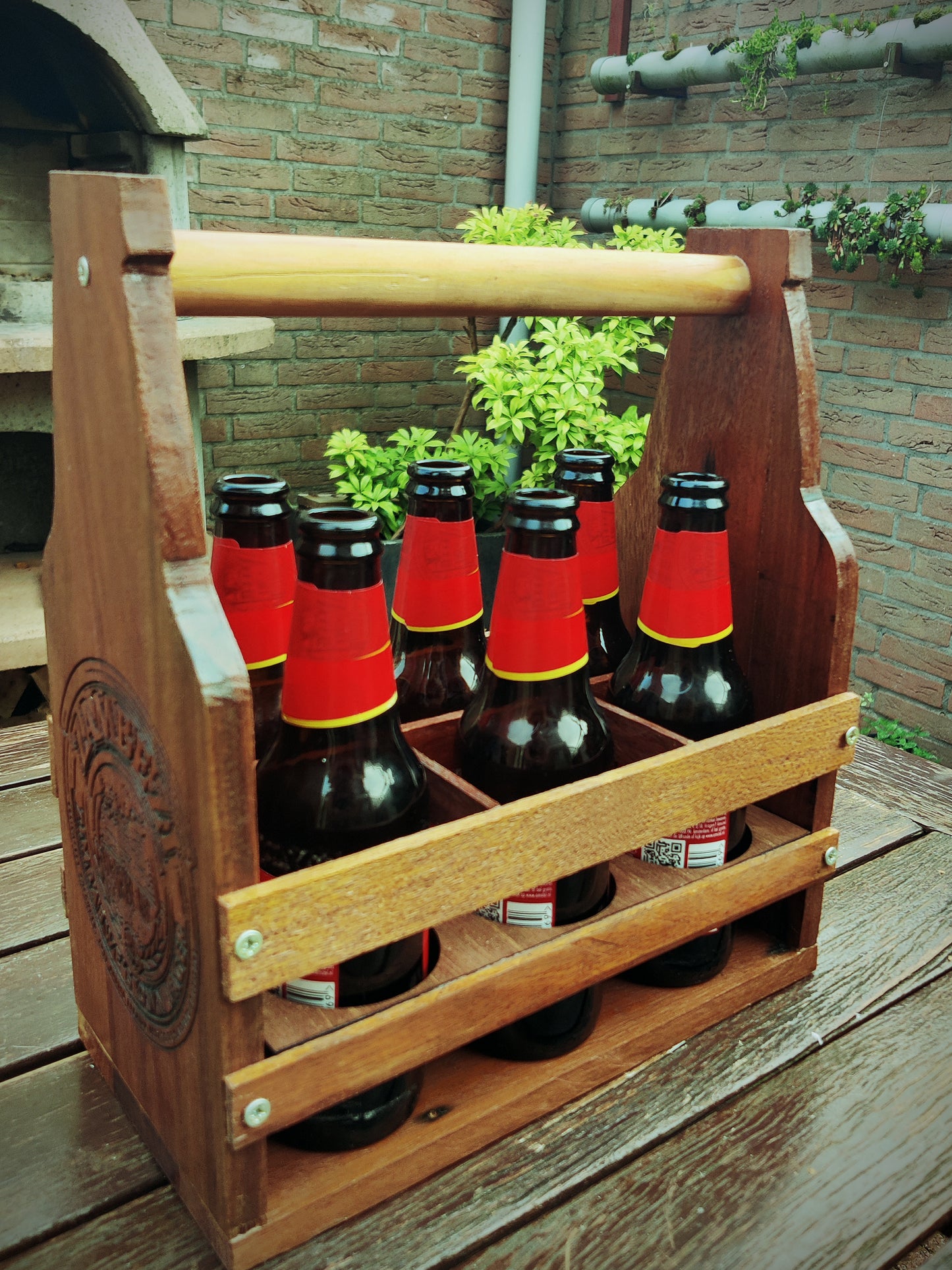 Wooden Beer Caddy with  Zambesi Beer logo made from solid repurposed wood