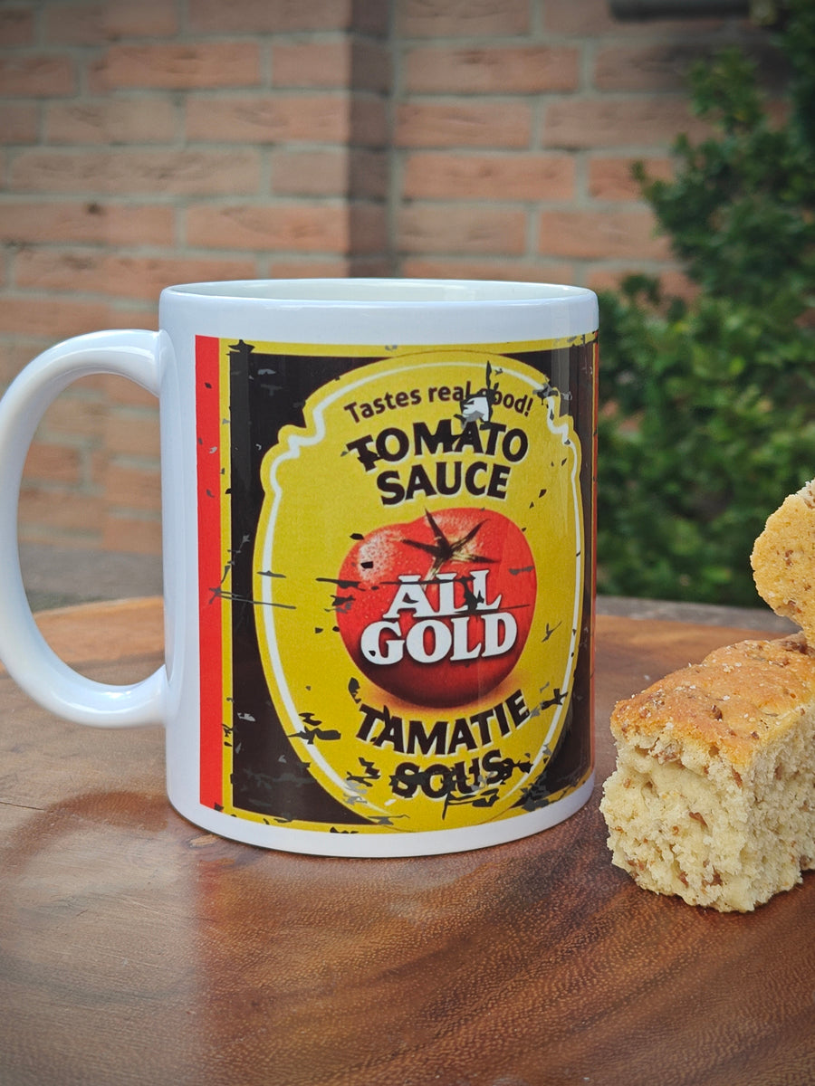 Mug with vintage tomato sauce label design on a wooden surface