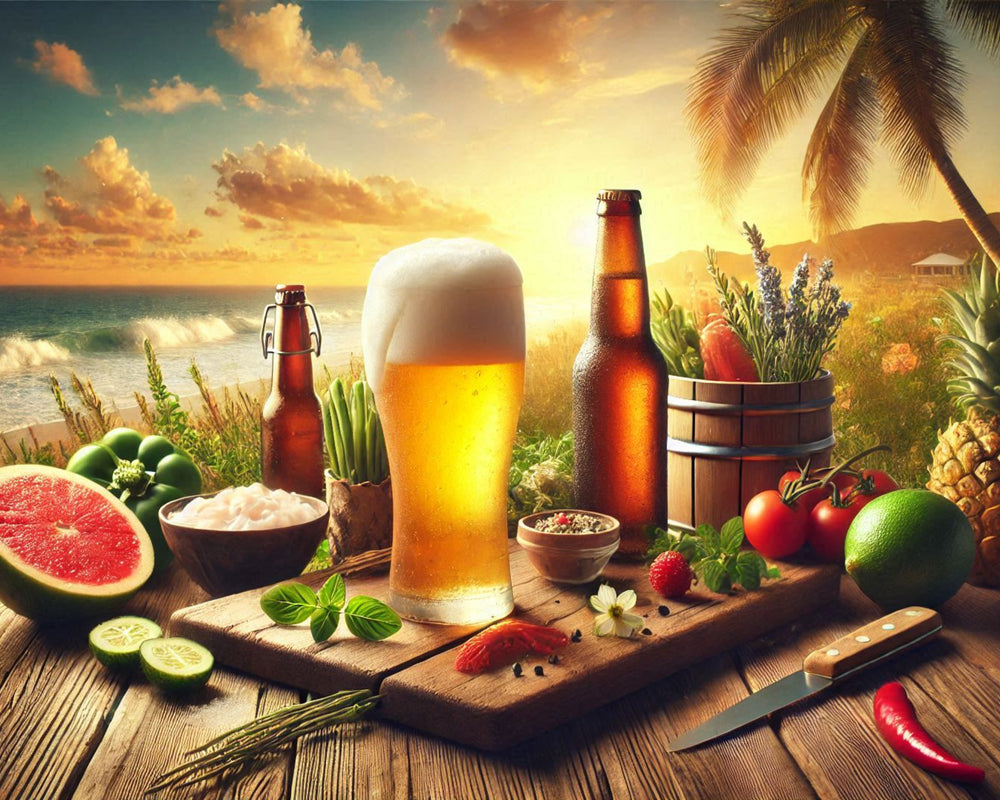 Download Scenic Beach background with Ice Cold Beers and fruits on wooden table