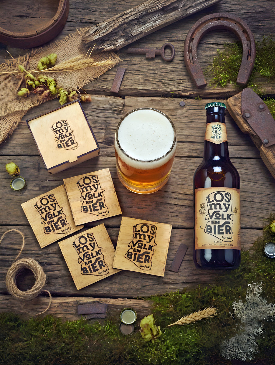 Coaster Set "Los My Volk en Bier" Wooden Coaster Set with Gift Box