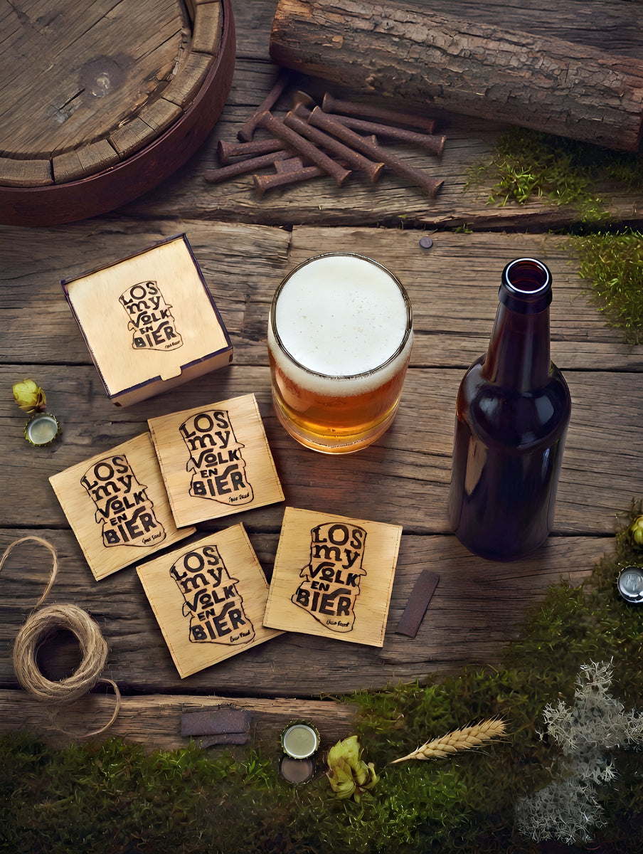 Coaster Set "Los My Volk en Bier" Wooden Coaster Set with Gift Box