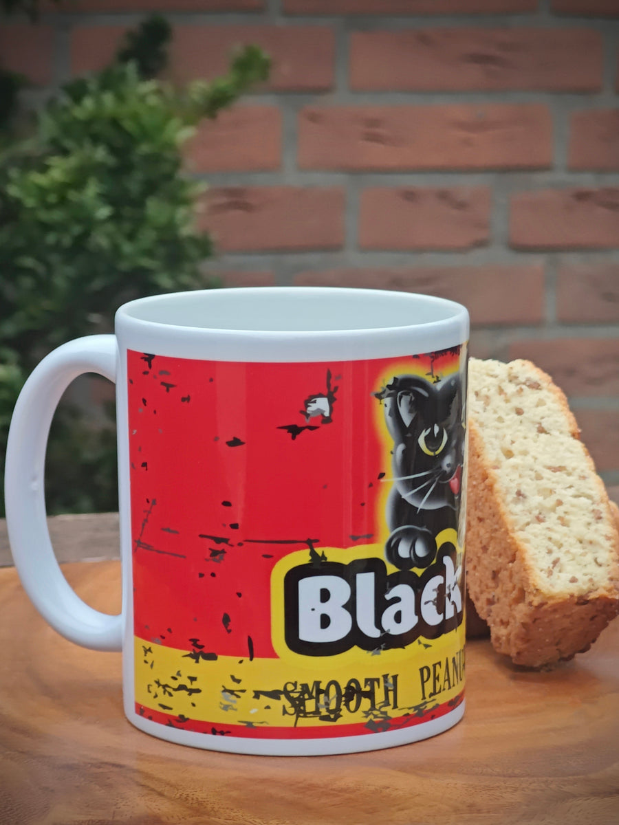black cat peanut butter coffee mug