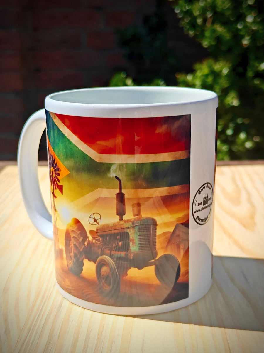 Blue-Green Rustic Tractor Coffee Mug – South African Flag Sky, Farm Wind Pump & Mountain Scenery – Proudly South African Farmer Gift