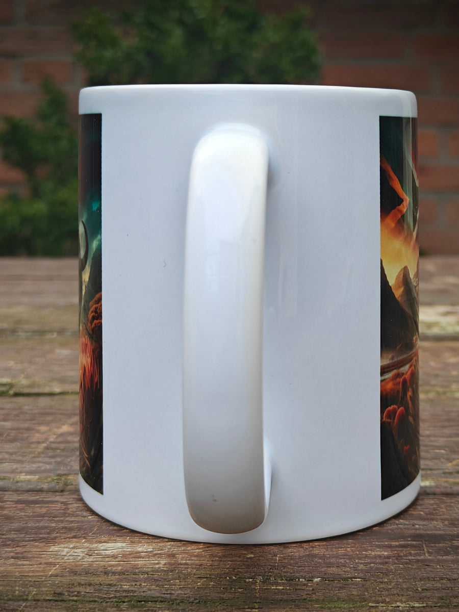 Mug with Buffalo and Proteas , featuring a landscape with the Drakensberg mountains and the South African flag - dieWatergat.nl