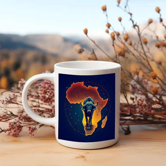 African Buffalo Coffee mug with Africa Continent and dark background 11oz (330 ml)