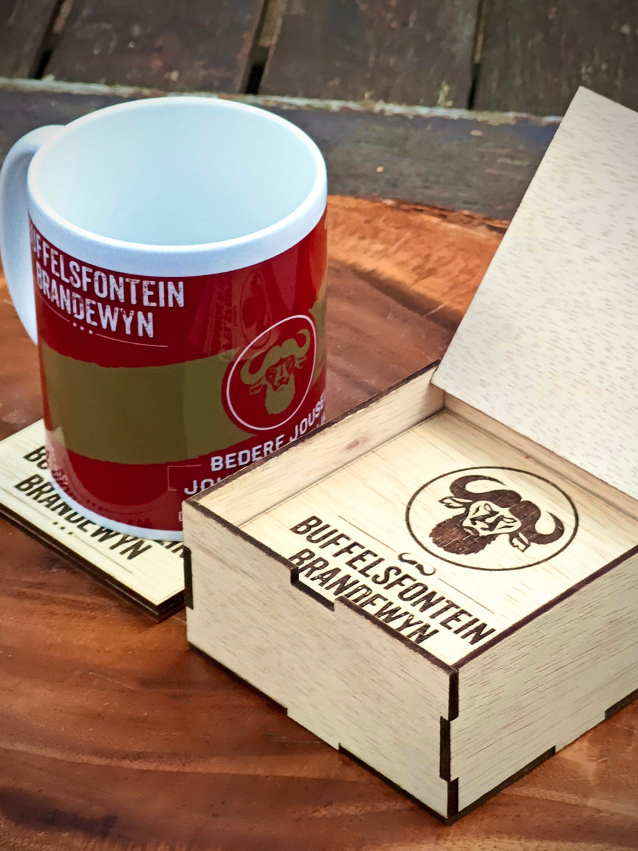 Buffelsfontein Brandy Coasters in handy Wooden Box (Mug not included)