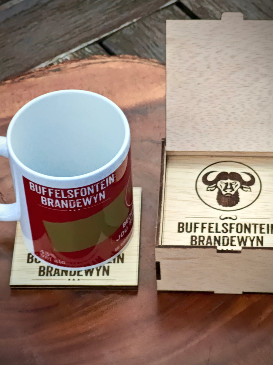 Buffelsfontein Brandy Coasters in handy Wooden Box (Mug not included)