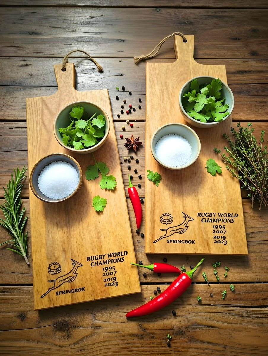 Rugby World Champions Snack Board – Solid Wood Charcuterie Board with Springbok Logo, Perfect for Biltong & Snacks