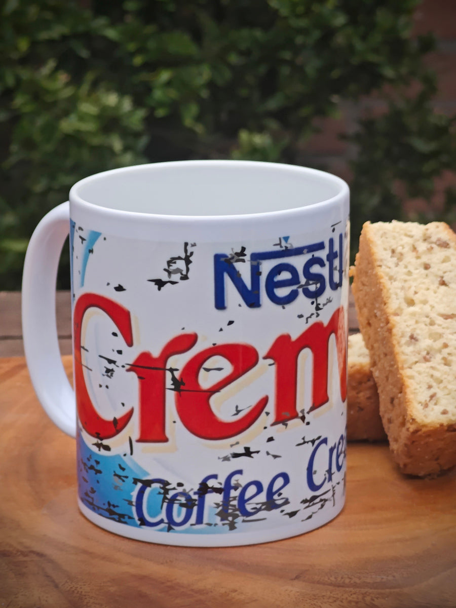 Cremora Coffee Cream Fun Coffee Mug with creamy coffee design – ceramic novelty mug for coffee lovers.