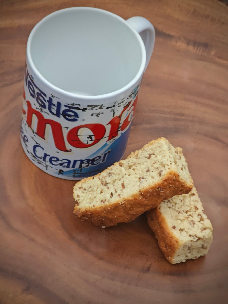 Side view of fun coffee mug inspired by Cremora creamer, perfect coffee gift idea.