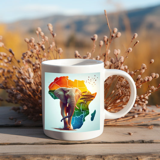 Elephant | African Elephant | Coffee Mug with African Continet in the Background and beautiful colours