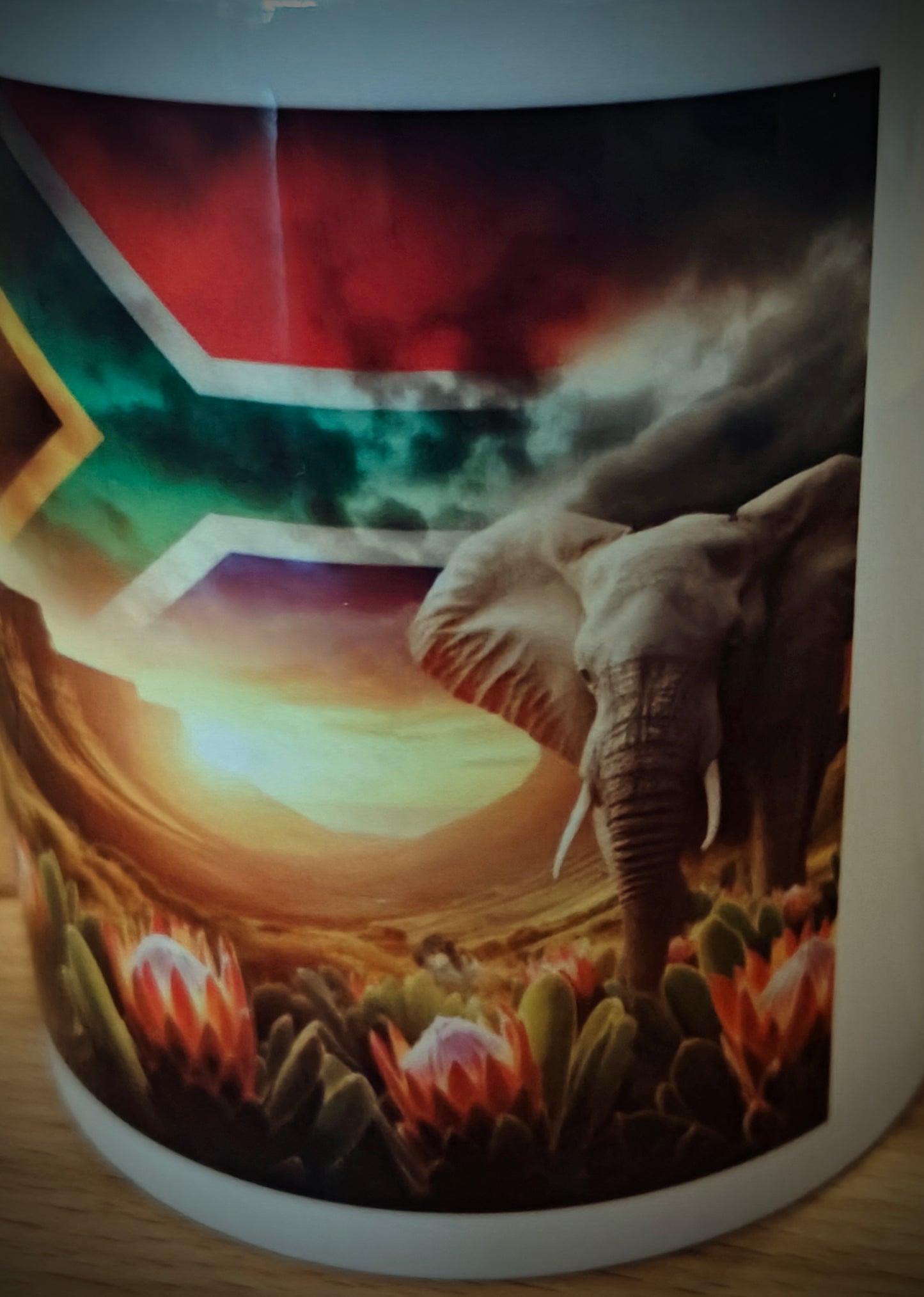 Coffee Mug - African Elephant with Protea flowers and South African Flag