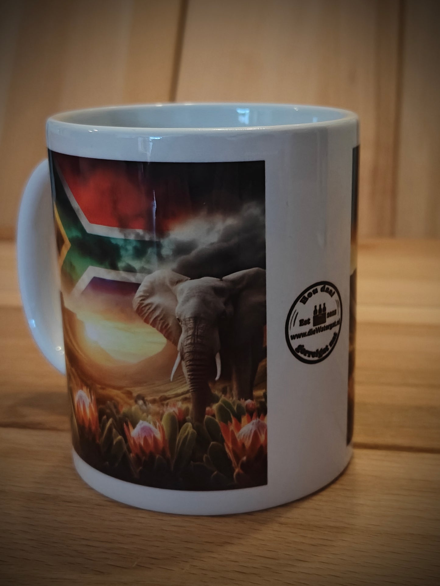 Coffee Mug - African Elephant with Protea flowers and South African Flag