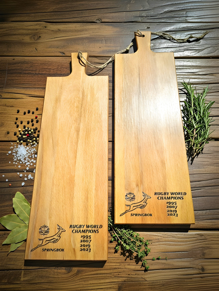 Rugby World Champions Snack Board – Solid Wood Charcuterie Board with Springbok Logo, Perfect for Biltong & Snacks