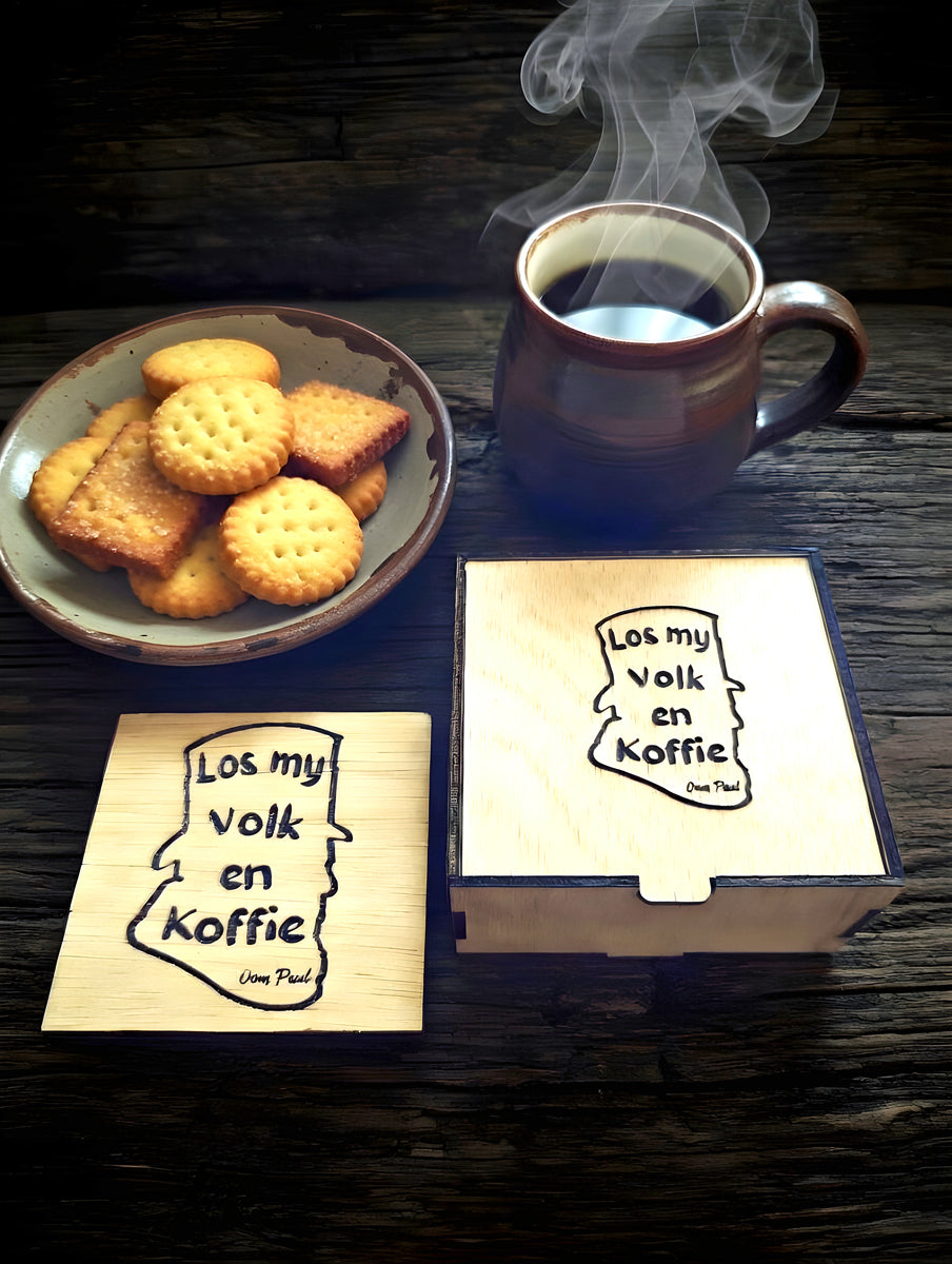 Coaster Set "Los My Volk en Koffie" Wooden Coaster Set with Gift Box
