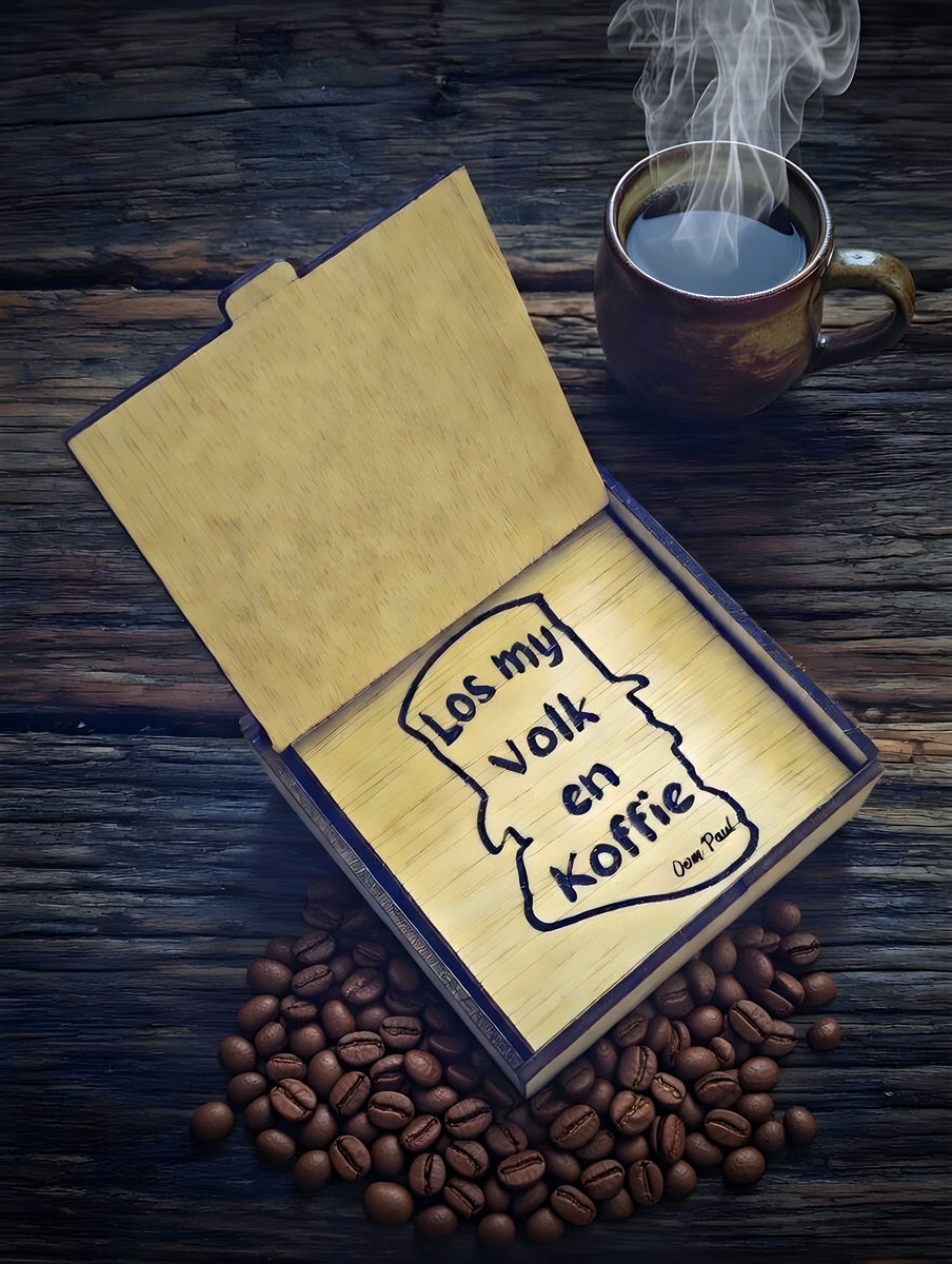 Coaster Set "Los My Volk en Koffie" Wooden Coaster Set with Gift Box