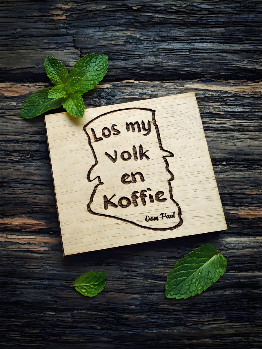 Coaster Set "Los My Volk en Koffie" Wooden Coaster Set with Gift Box