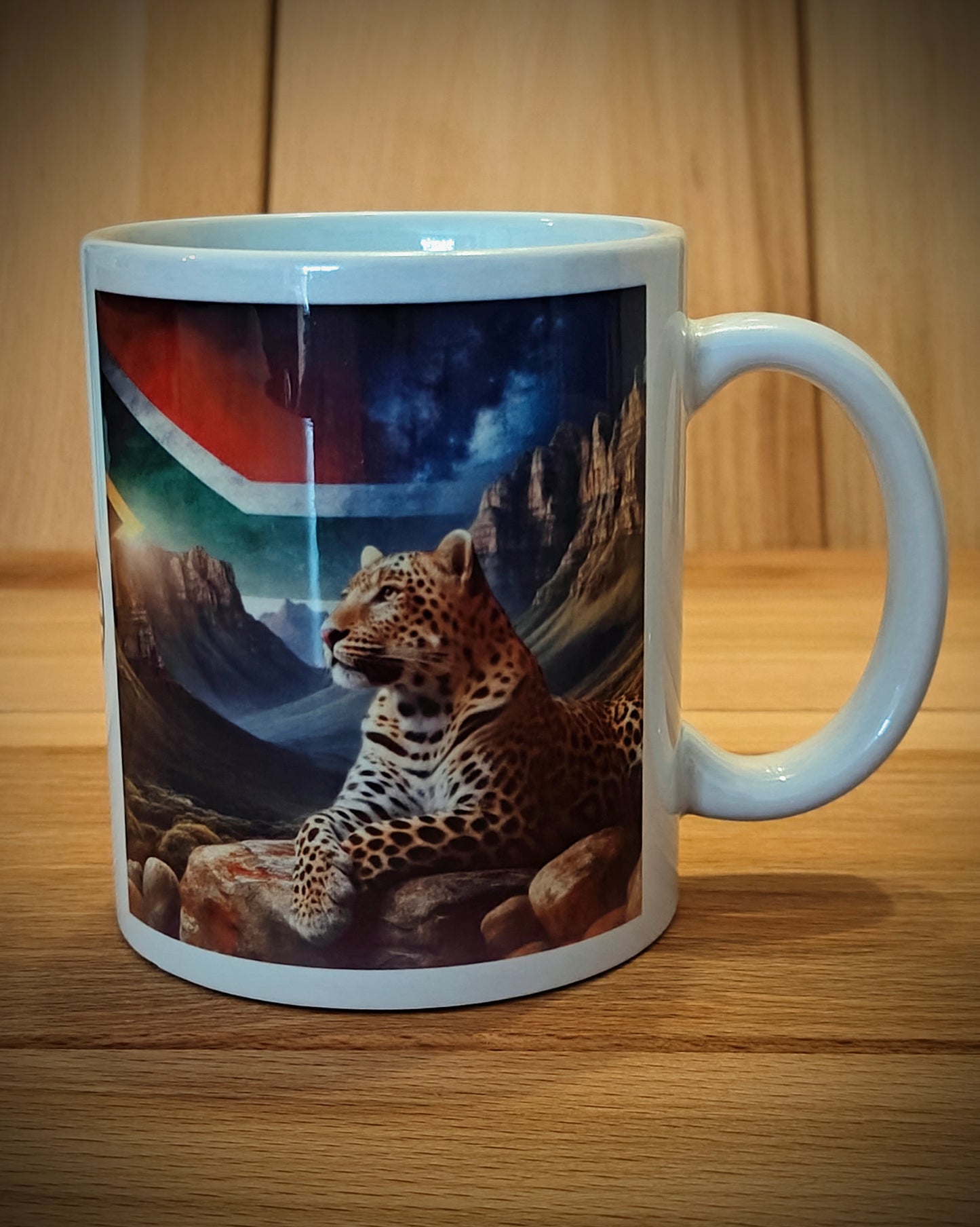 Coffee Mug - African Leopard with Mountain Landscape and South African flag