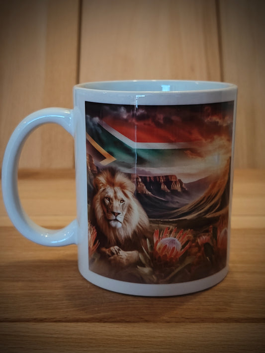 Coffee Mug - African Lion with Mountain Landscape and South African flag