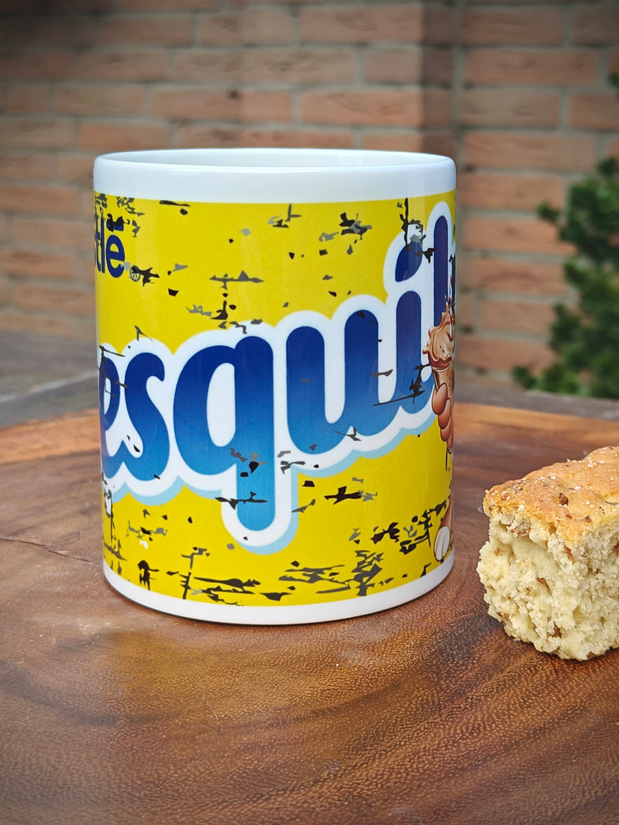 Nesquick Mug with a cartoon character design on a wooden surface with Rusks.