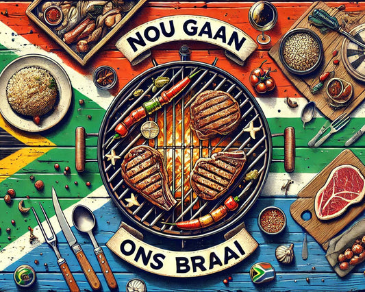 Download - Nou Gaan Ons Braai flag background , Braai view from the top and meat on the Grill