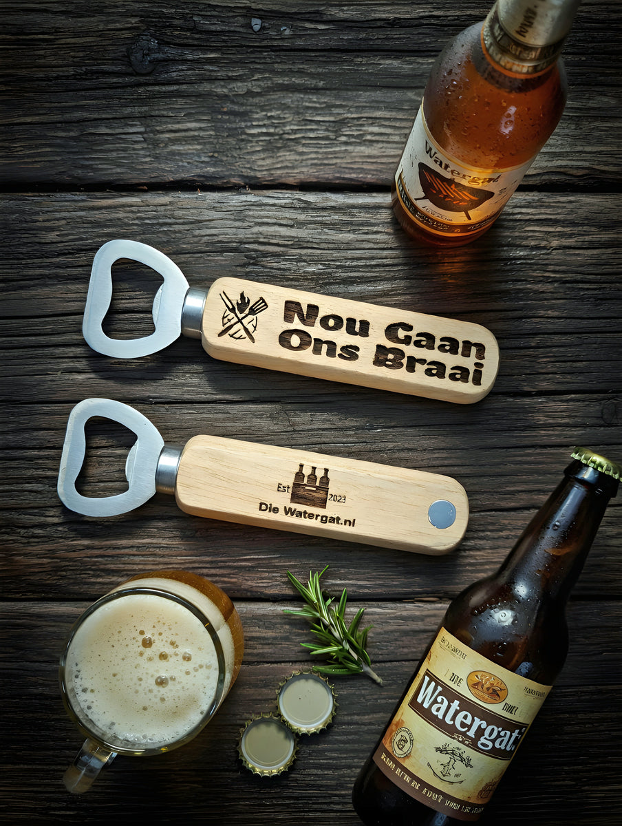 Classic bottle opener - with magnet in handle description in Afrikaans "nou gaan ons braai"