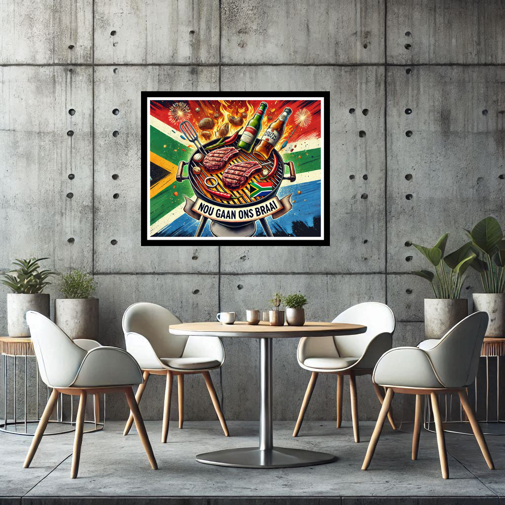 Download - Nou Gaan Ons Braai with Meat on the grill and beers with the SA Flag