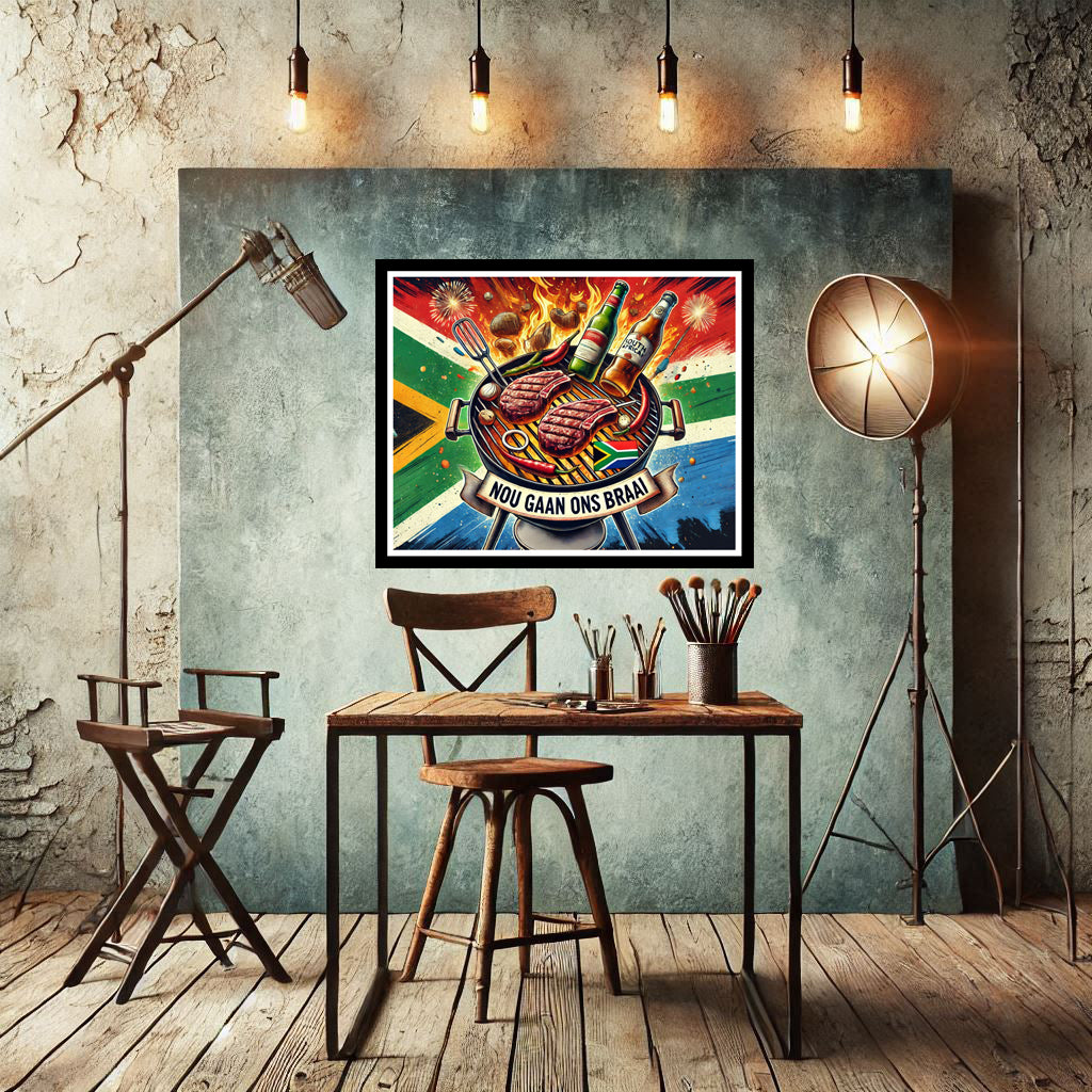 Download - Nou Gaan Ons Braai with Meat on the grill and beers with the SA Flag