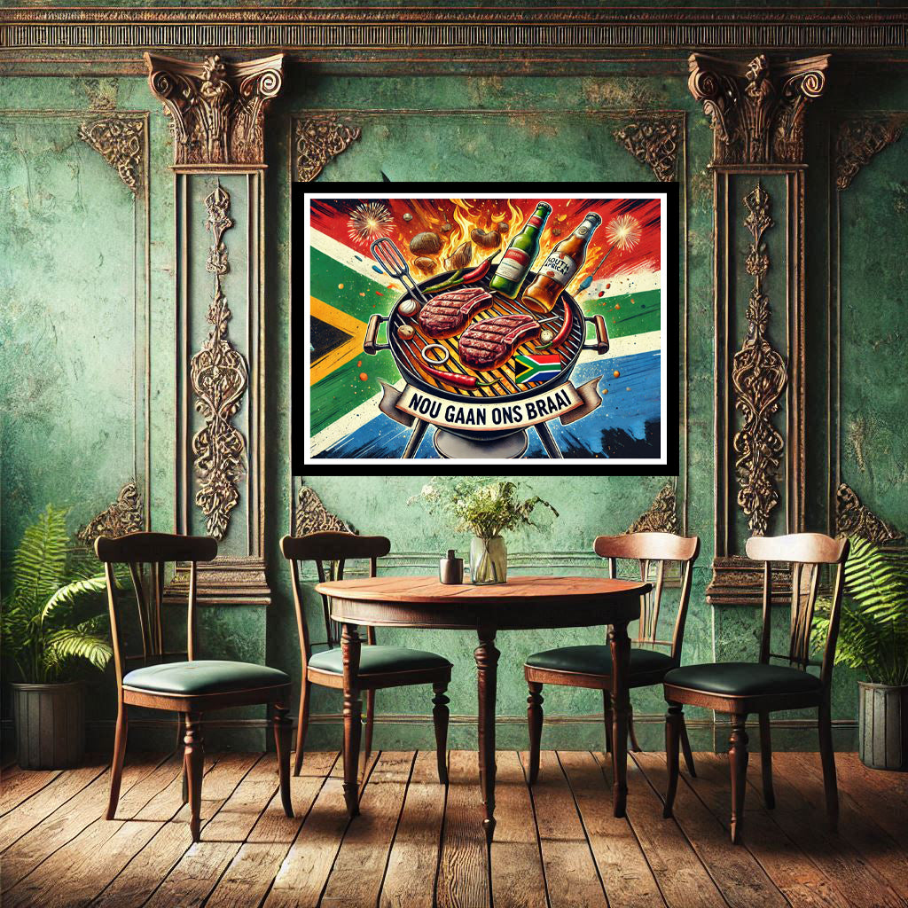 Download - Nou Gaan Ons Braai with Meat on the grill and beers with the SA Flag