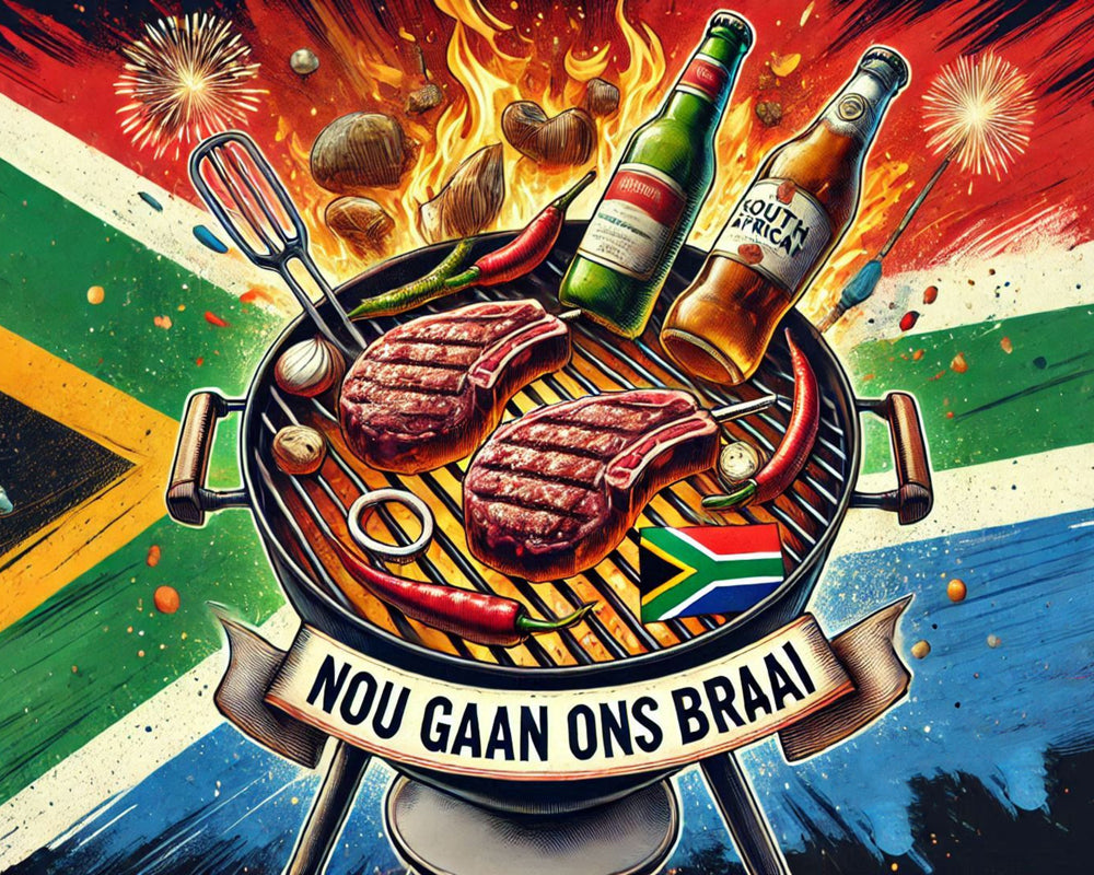 Download - Nou Gaan Ons Braai with Meat on the grill and beers with the SA Flag