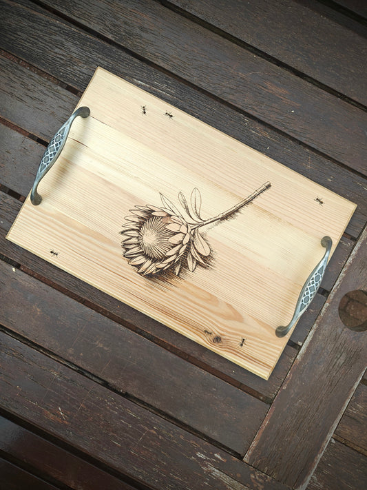 Wooden Serving Tray with Protea Flower & Ants Engraving – Elegant Metal Handle Rustic Décor