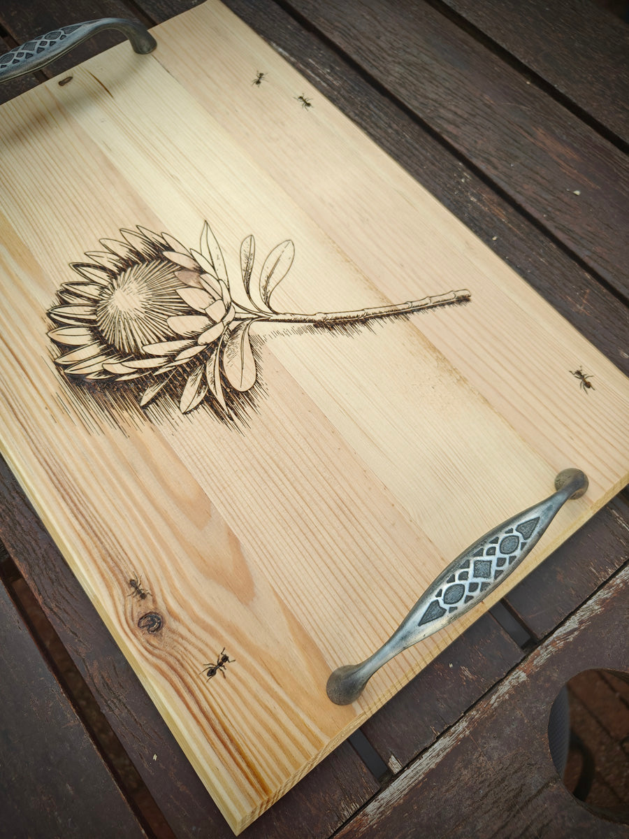 Wooden Serving Tray with Protea Flower & Ants Engraving – Elegant Metal Handle Rustic Décor