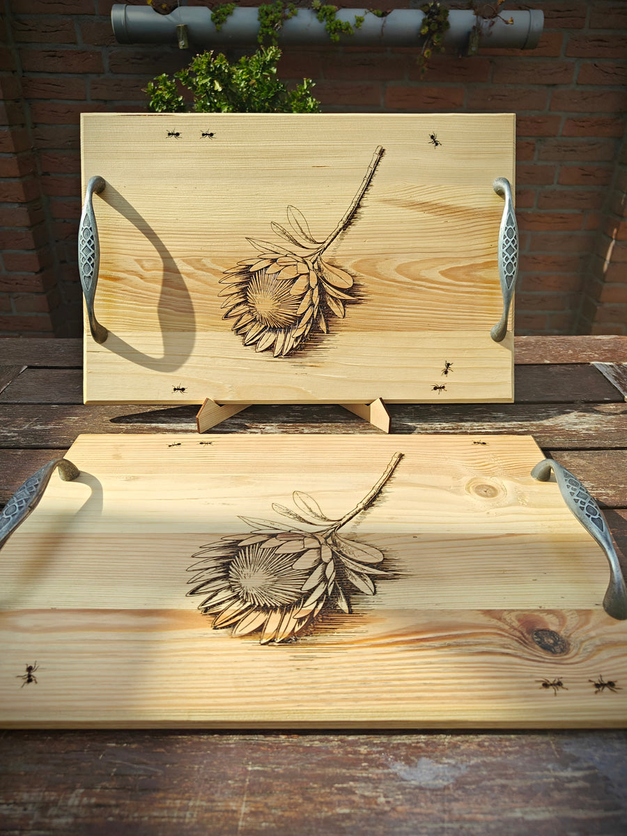 Wooden Serving Tray with Protea Flower & Ants Engraving – Elegant Metal Handle Rustic Décor