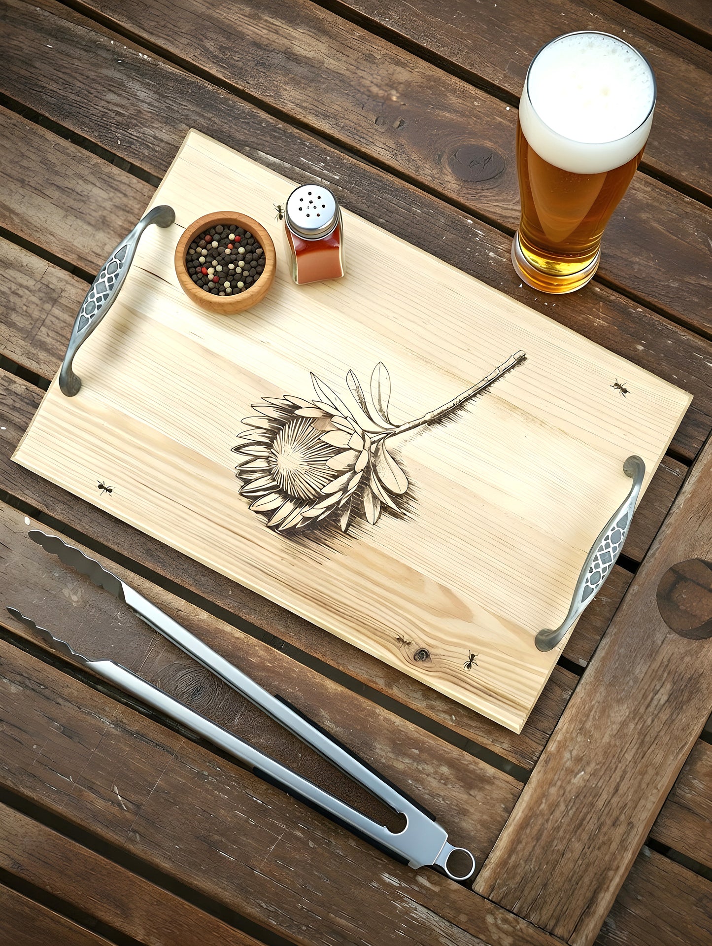Artisan Wooden Serving Tray with Protea Flower & Ants Engraving – Elegant Metal Handle Rustic Décor