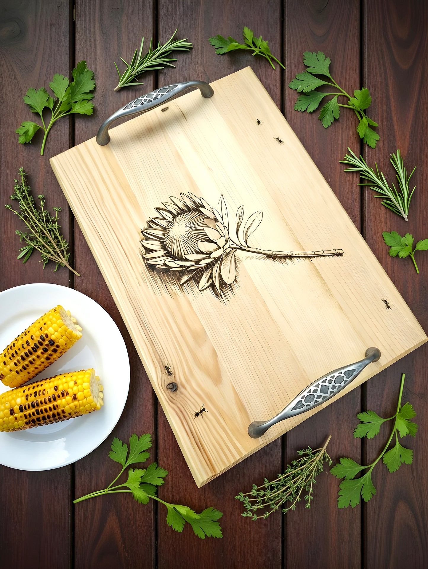 Artisan Wooden Serving Tray with Protea Flower & Ants Engraving – Elegant Metal Handle Rustic Décor