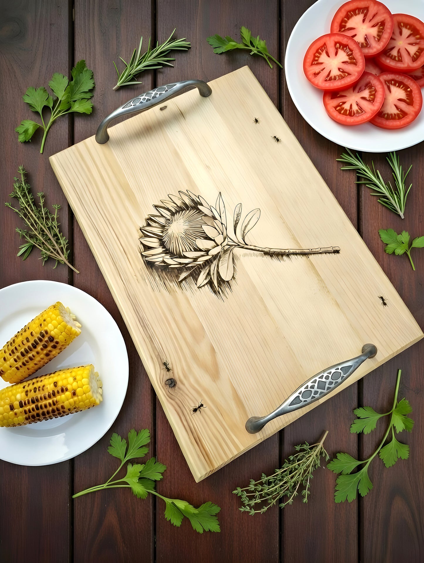Artisan Wooden Serving Tray with Protea Flower & Ants Engraving – Elegant Metal Handle Rustic Décor