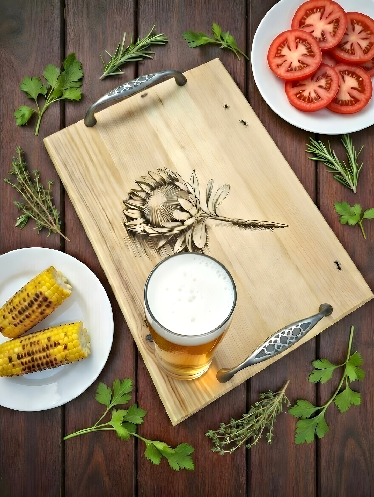 Artisan Wooden Serving Tray with Protea Flower & Ants Engraving – Elegant Metal Handle Rustic Décor