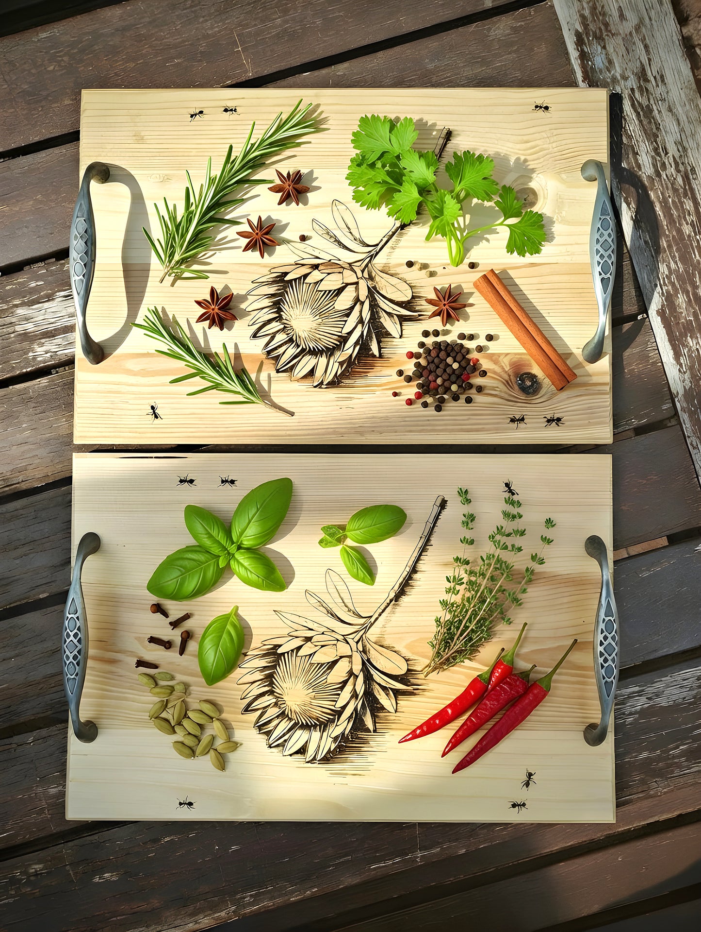 Artisan Wooden Serving Tray with Protea Flower & Ants Engraving – Elegant Metal Handle Rustic Décor
