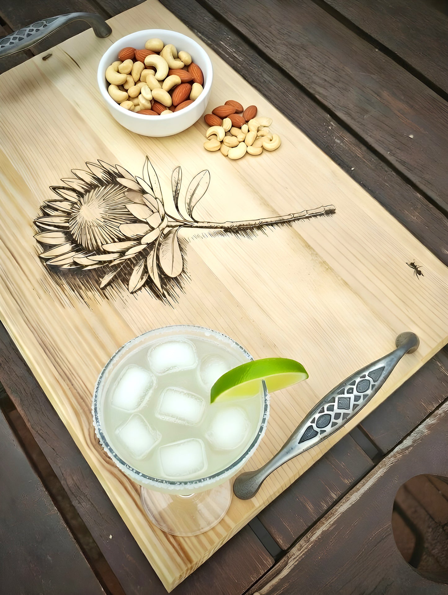Artisan Wooden Serving Tray with Protea Flower & Ants Engraving – Elegant Metal Handle Rustic Décor