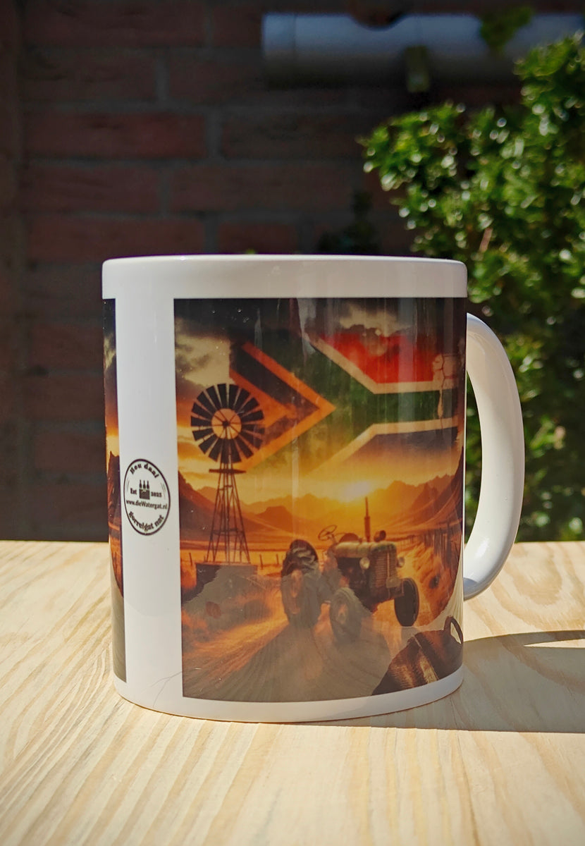 Proudly South African Tractor Mug – Rustic Green Tractor, Flag in Sky, Windmill, Fence & Mountain Scene